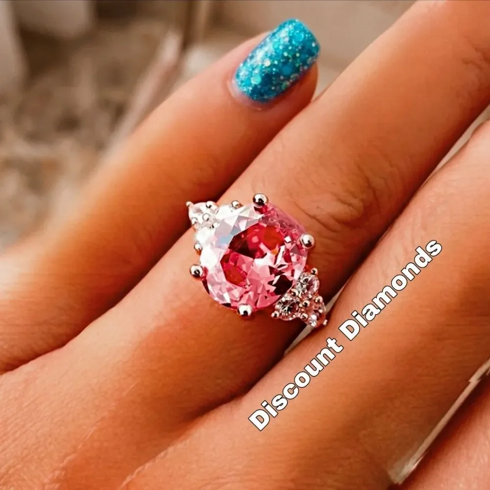 Pink Sapphire & White Baguette  Diamond Coctail Ring on 925 Silver